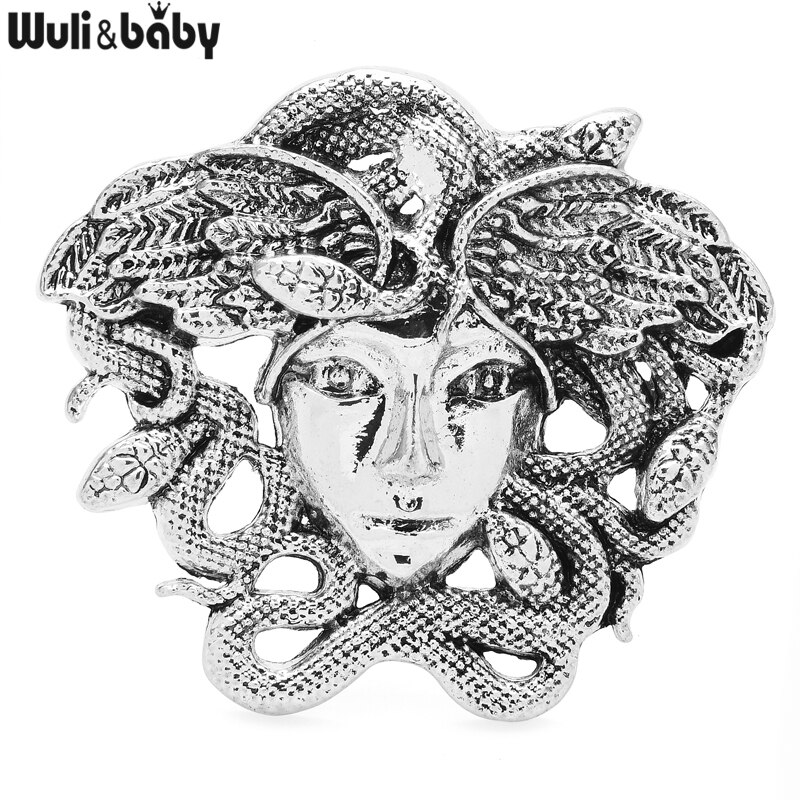 Wuli & Baby Vintage Medusa Broches Vrouwen Mannen 2-Kleur Griekse Mythologie Slang Dame Figuur Party Casual Broche Pins: silver