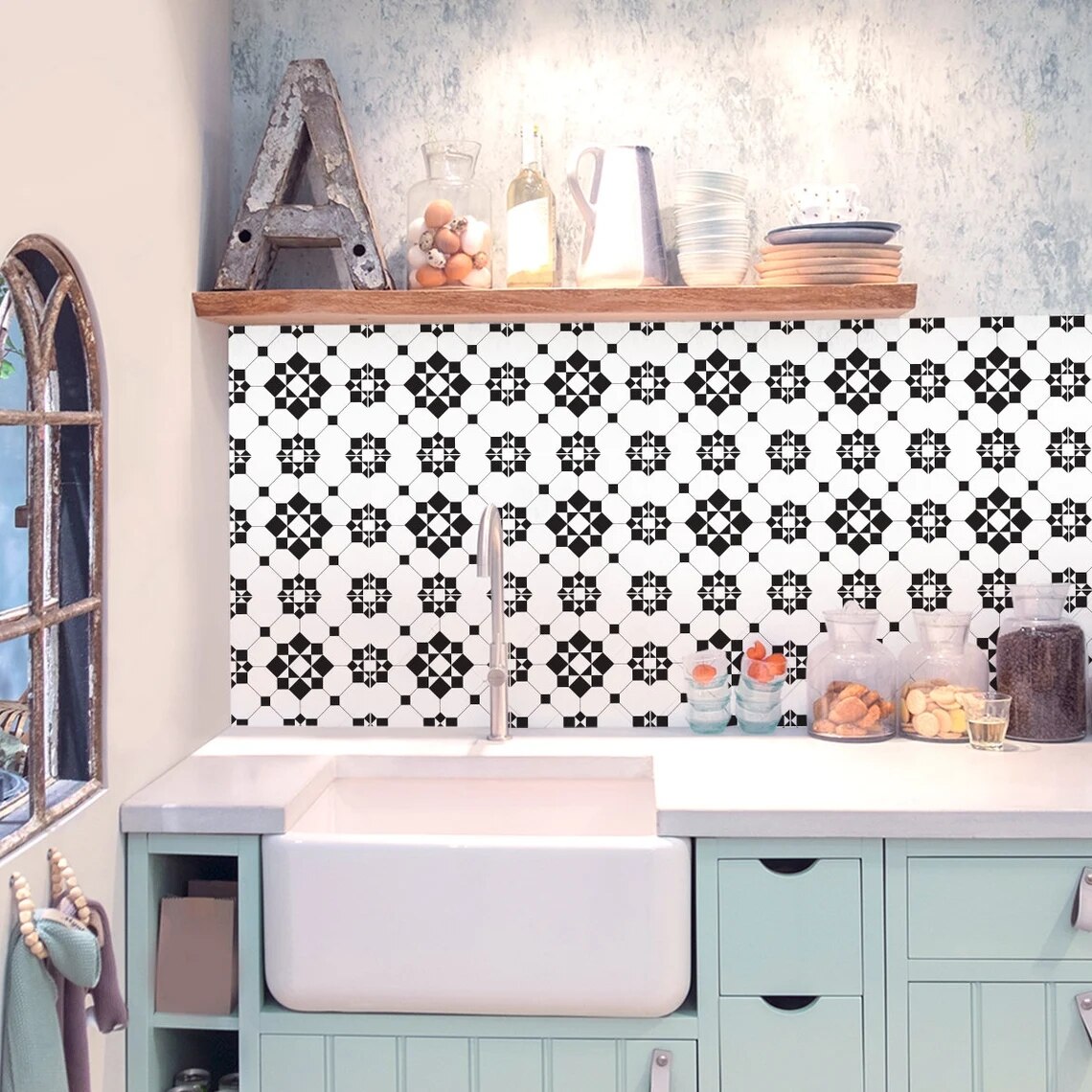 Victorian Kitchen &amp; Bathroom Backsplash Vinyl Tile Decals Tile Wall Stair Vinyl Decal Stickers Black and White Removable