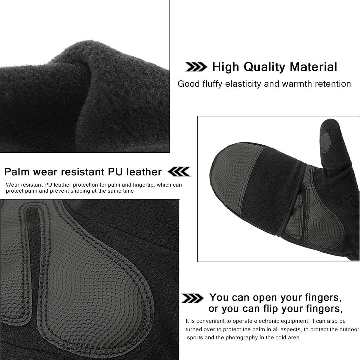 Vinter halv finger flip handsker udendørs varm vant vindtæt fleece foret termisk varme handsker guantes kørsel ridning