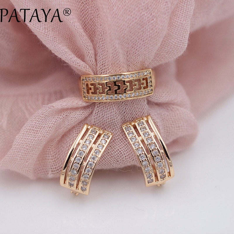 PATAYA Christmas Dropshopping 585 Rose Gold Natural Zircon Earrings Rings Sets Women Wedding Micro-wax Inlay Jewelry