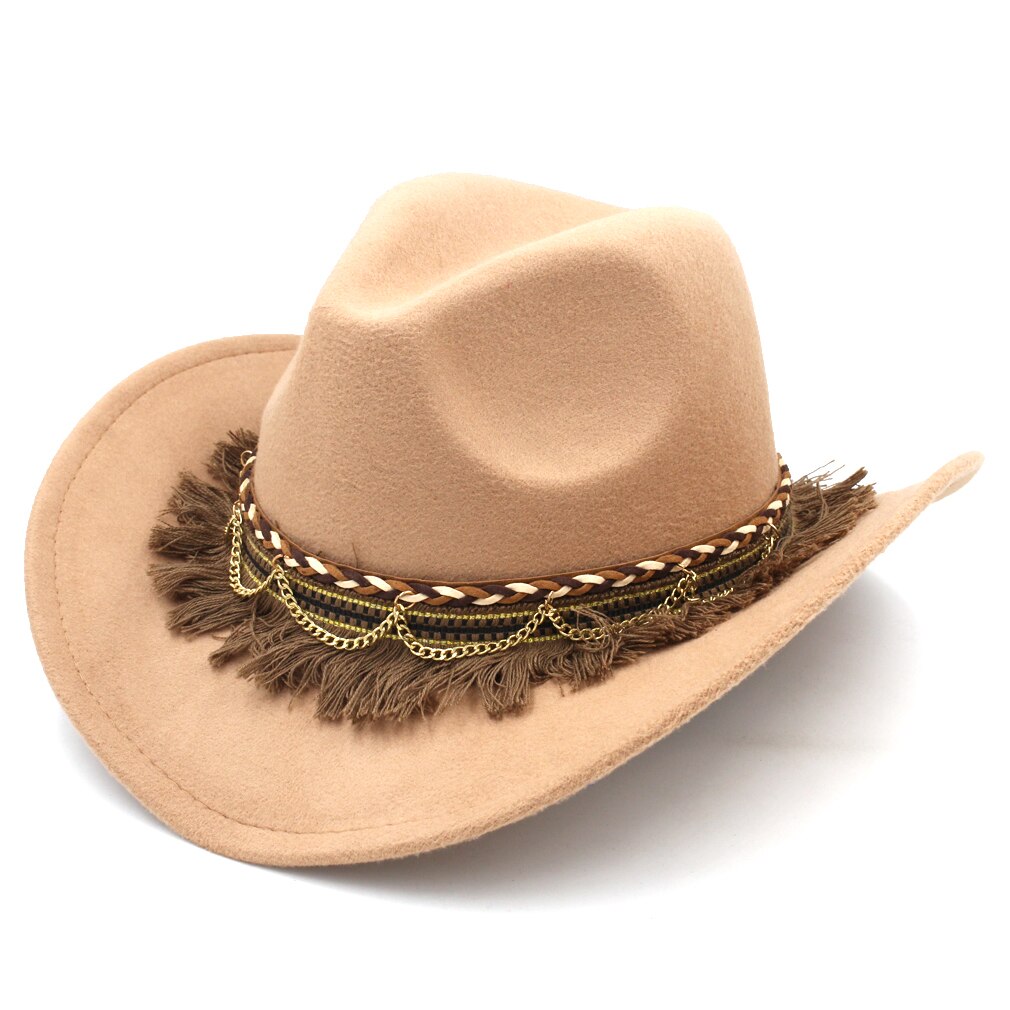 Mistdawn-sombrero vaquero occidental para mujer, gorra de disfraz de vaquera, visera ancha de lana, banda trenzada, talla 56-58cm, BBG: Khaki
