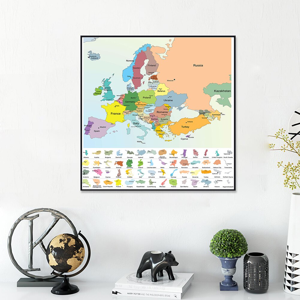 60*60cm The Europe Political Map Canvas Painting Wall Art Poster and Prints Classroom Home Decoration Children School Supplies