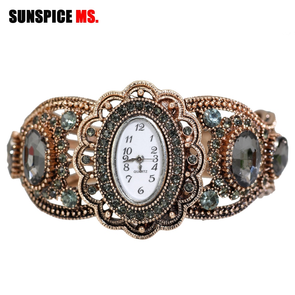 SUNSPICE-MS Quartz Horloge Retro Vintage Armband Manchet Horloge Vrouwen Antieke Goud Kleur Hollow Bloem Indian Sieraden Grijs Kristal