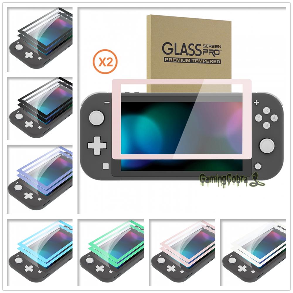 EXtremeRate-Protector de pantalla de vidrio templado para NS Switch Lite, película protectora transparente HD, borde colorido, paquete de 2 unidades