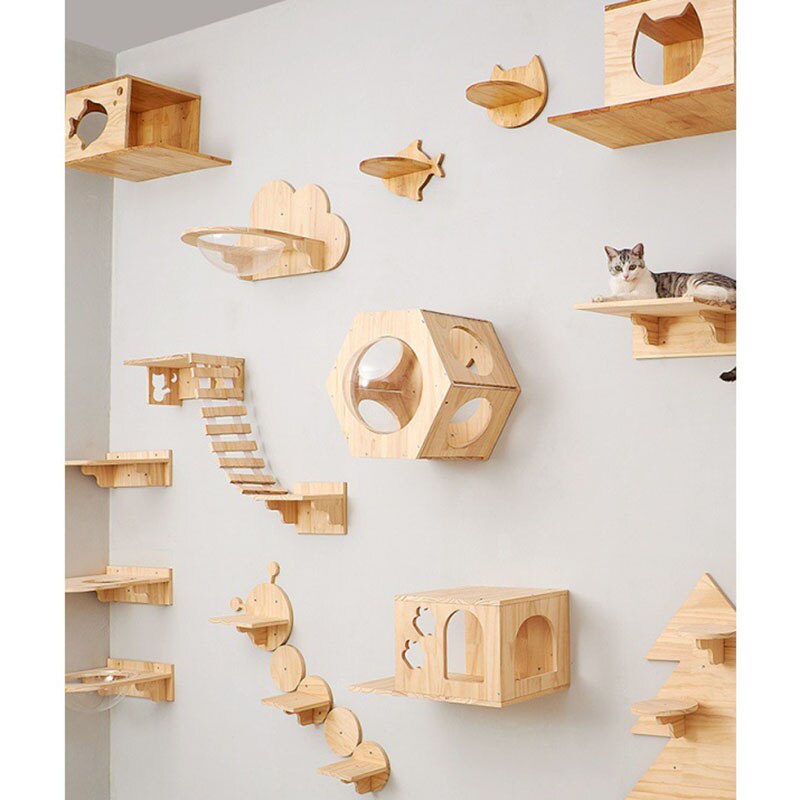 Cat Climbing Frame Solid Wood Cat Tree Wall-mounted Playing Jumping Platform Ladder Cat Litter Toys Scratching Post Pet Supplies