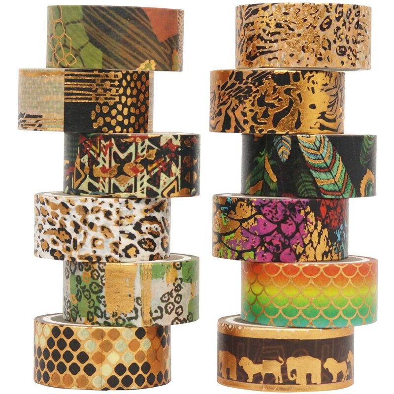 12 rollen Gold Folie Wilde Tiere Drucken Dekorative Maskierung Bänder Für DIY Handwerk, Kugel Zeitschriften, Planer, sammelalbum, Verpackung