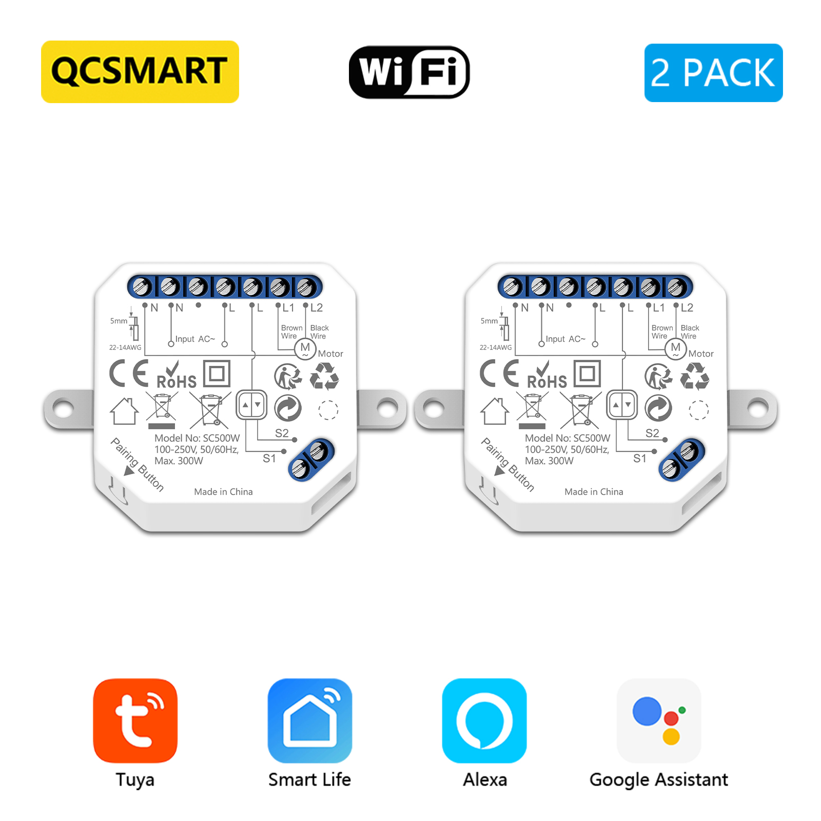 QCSMART Modulo interruttore tenda WiFi per motori persiane Controllo percentuale Tuya Voce di Google Alexa Funziona con spedizione veloce: Bundle2
