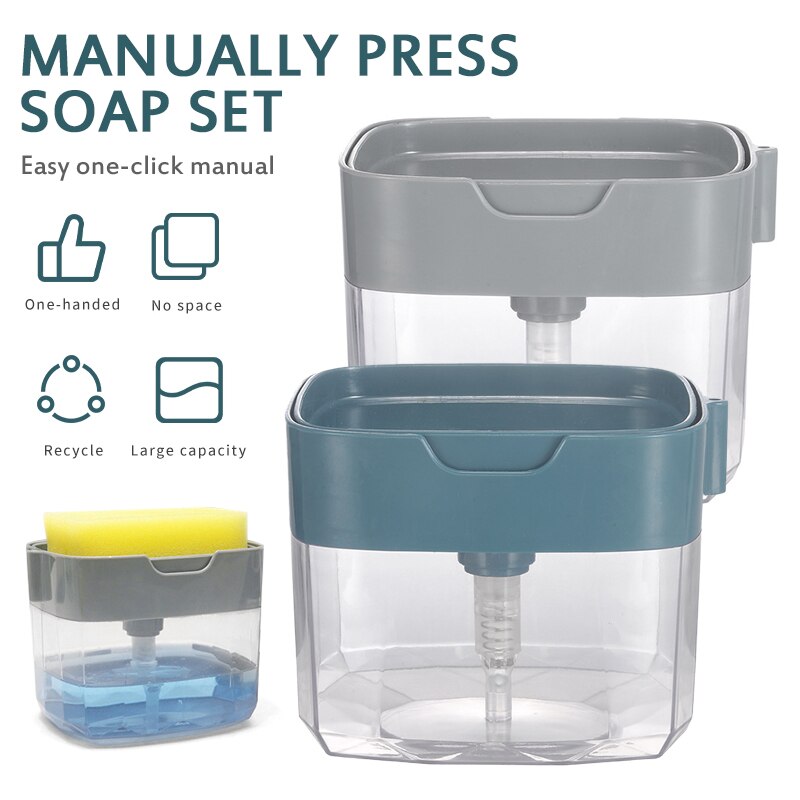 Neue 2-in-1 Seife Spender Spülmittel Spender Gericht Manuelle Presse Küche Waschen Flüssigkeit Pumpe Mit Waschen schwamm
