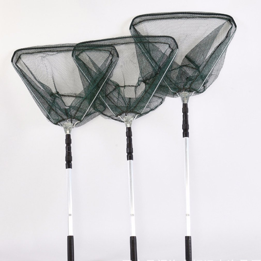 Redes de pesca plegables triangulares retráctiles, aleación de aluminio portátil, 1,5/1,7/2,1 m, Red de inmersión manual para pesca con mosca, herramienta de aparejos de pesca