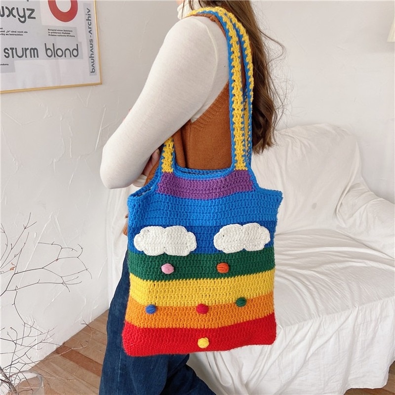 Thailand Regenboog Canvas Messenger Bag Wol Breien Tassen Voor Meisje Katoenen Doek Vrouwen Schoudertas Mooie Student Handtas