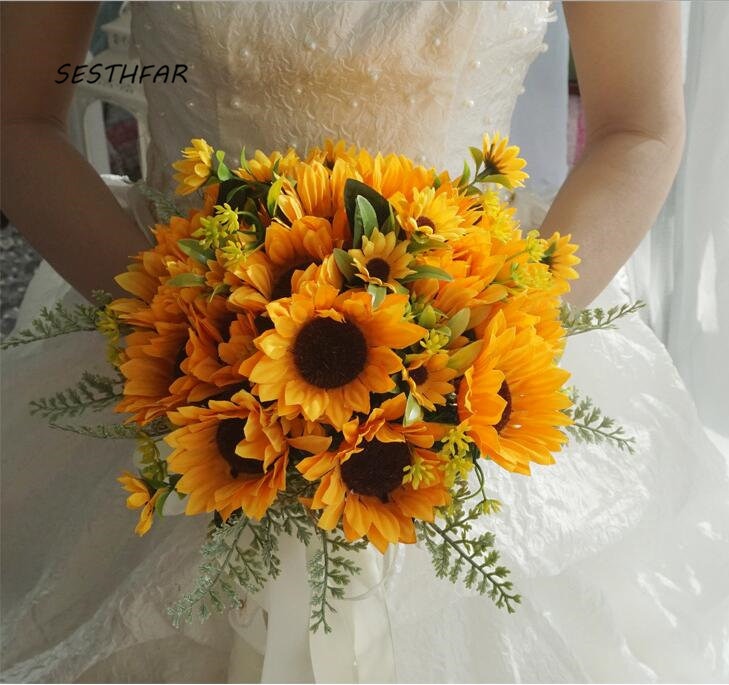 Sunflower Bridal Bouqet The Bride Holding Flowers Flores Artificiales De Novia Artificial Bridesmaid Wedding Bouquet