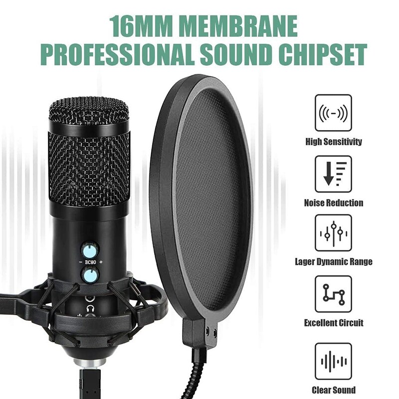 Microphone Kit,Podcast Cardioid Condenser Microphone Bundle for Computer Plug&Play with Adjustable Stand Boom Arm Shock