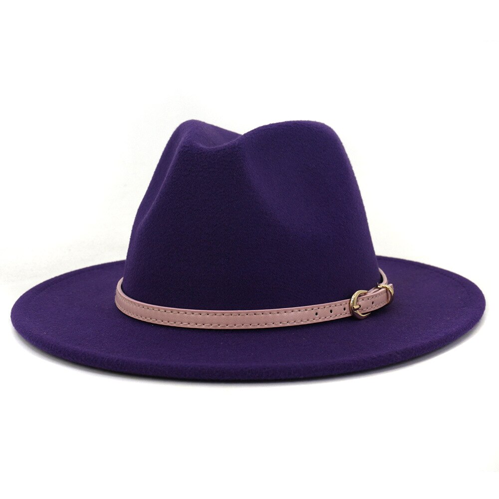 Fs roze vilten hoed winter fedora hoeden dames imitatie wol mix brede rand panama klassieke britse herfst dame jazz pet voor heren: Paars