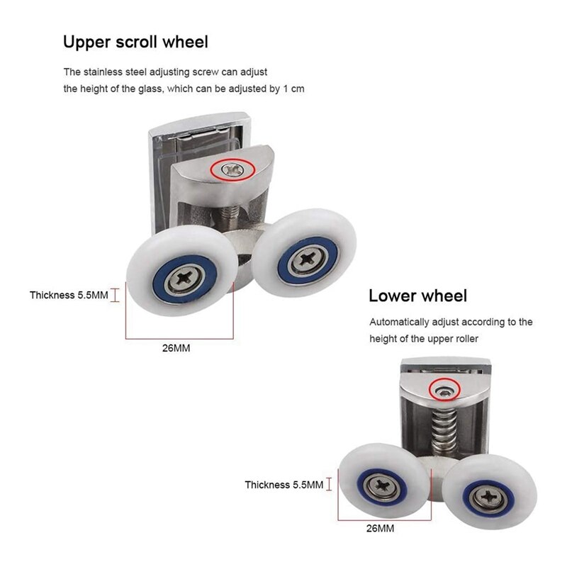 4 sztuk rolki drzwi prysznicowych 26Mm stopu cynku drzwi prysznicowe mocowania koła pasowe łazienka zestaw wymienny (2 szczyt + 2 Buttom)