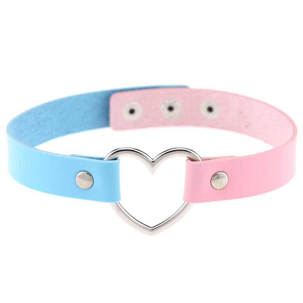 1PC Multi-Color Harajuku Punk Lady Gothic Leather Choker Heart Chain Spike Rivet Buckle Collar Necklace: pink light blue