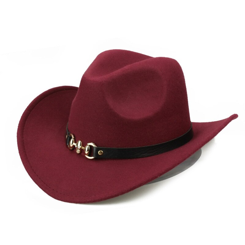 ADUGI woolen cowboy hat autumn and winter European and American jazz hat metal skull belt belt hat men and women felt hat: Red wine