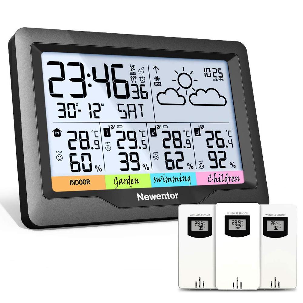 Newentor Weather Station Digital Temperature HumidityThermometer Wireless Hygrometer With 3 Sensor Indoor Outdoor Monitor 7.5"