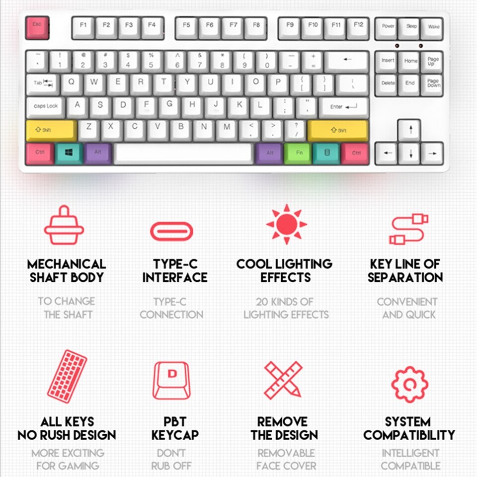 87 Key Mechanical Keyboard USB Wired LED Backlit Axis Gaming Mechanical Keyboard Blue Switches For Desktop Gaming Keyboard Gamer