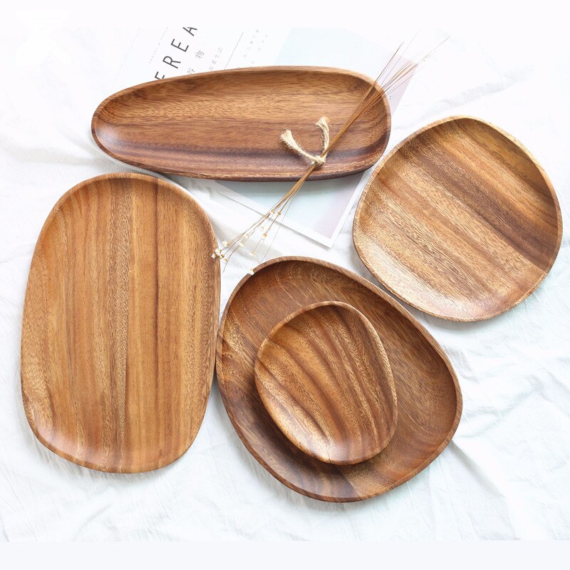 Plateaux en bois massif de décoration de la maison | Plateau ovale d'assiette en bois massif, assiettes à fruits, soucoupe plateau de rangement de thé, assiette à Dessert, service de table