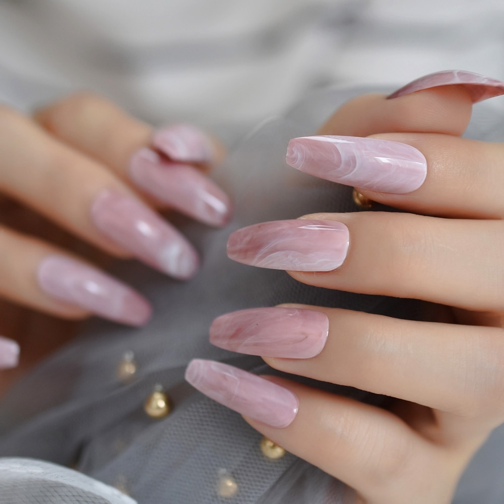 Ongles longs en forme de cercueil, en marbre rose Extra-Long, motifs pierre brillante, ballerine, pointes d'ongles à la pré-conçus, avec onglets à colle