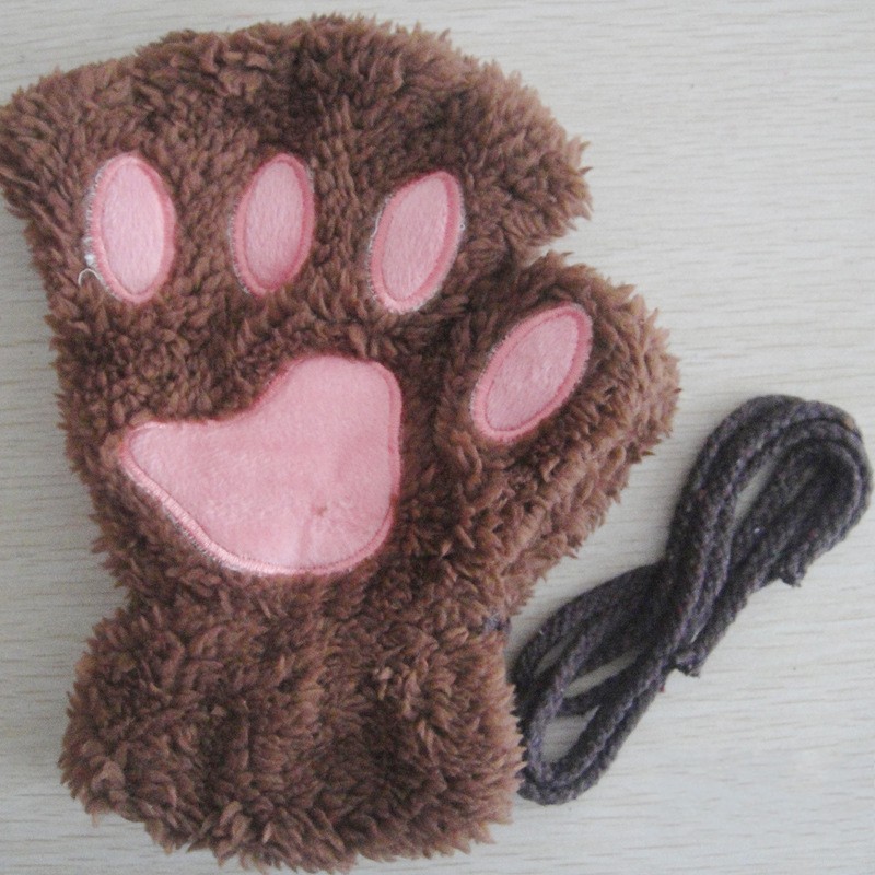 Gants de patte de griffe de chat de dessin animé pour femmes, mitaines en peluche, , doux, court, sans doigts, moelleux, ours, costume mignon, demi-doigt: Black