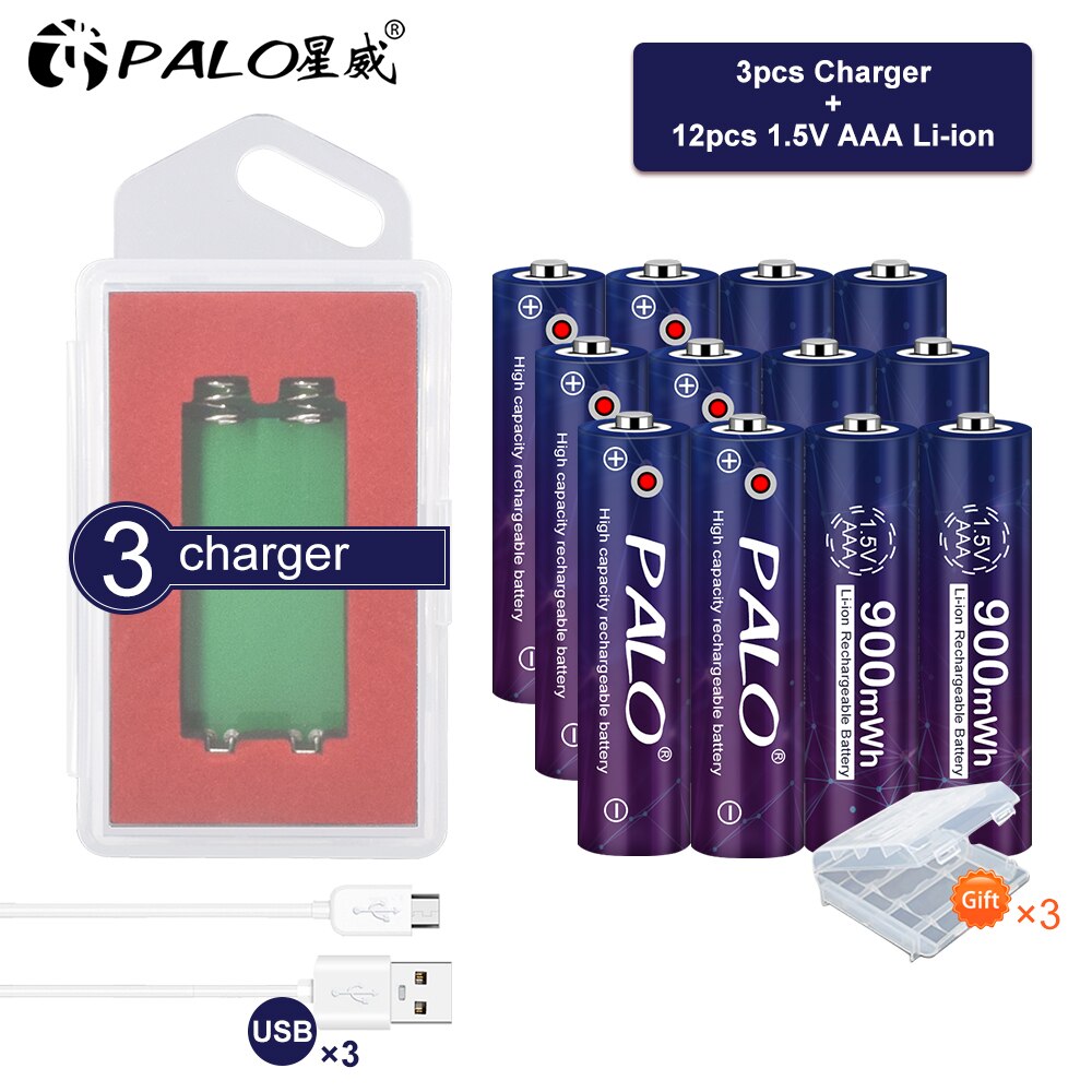 900mWh 1.5V Aaa Batterij Oplaadbare Li-Ion Batterij Aaa 1.5V Lithium Li-Ion Oplaadbare Batterij En 1.5V Li-Ion Batterij lader: 12AAA 3charger