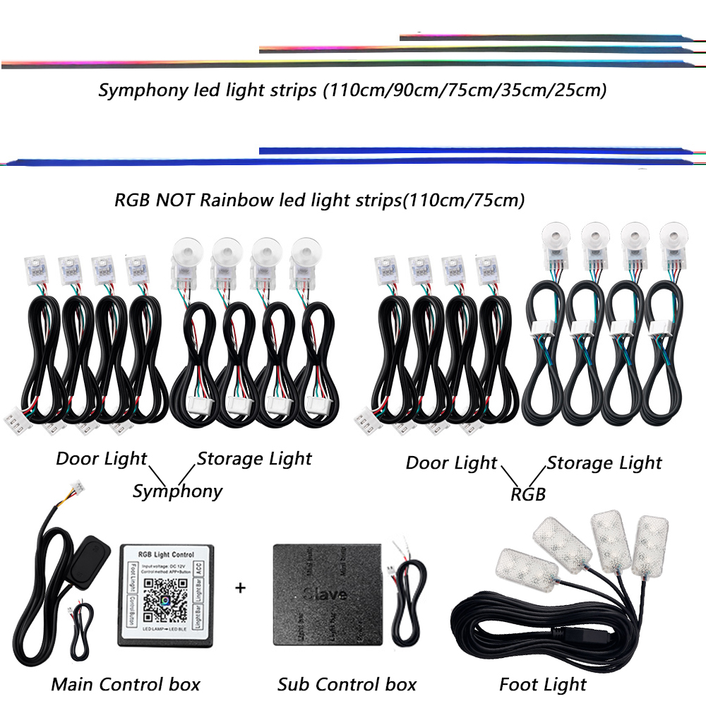 Luz ambiental para coche 18 en 1, tiras acrílicas de 64 colores, 110cm, 90cm, 75cm, 35cm, 20cm, colores completos, RGB, Interior del coche, Control por aplicación Bluetooth