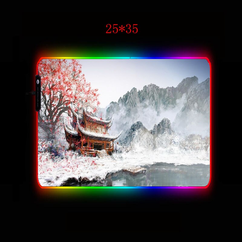 Alfombrilla de ratón grande para videojuegos XGZ Japón con paisaje de cerezo en flor, alfombrilla grande con luz LED RGB, alfombrilla de velocidad para teclado de ordenador de oficina: 25X35CM / Thickness 4MM