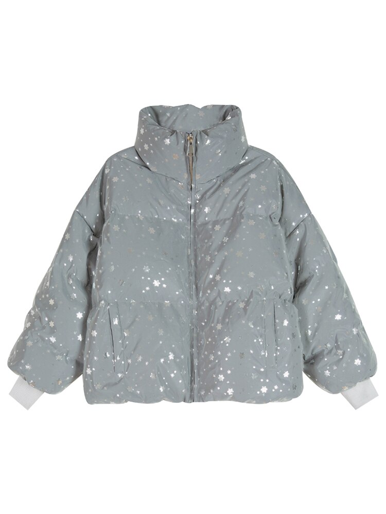snowflake Winter warm overcoat long reflective jacket luminous casual coat thick streetwear loose glowing parka padded outwear