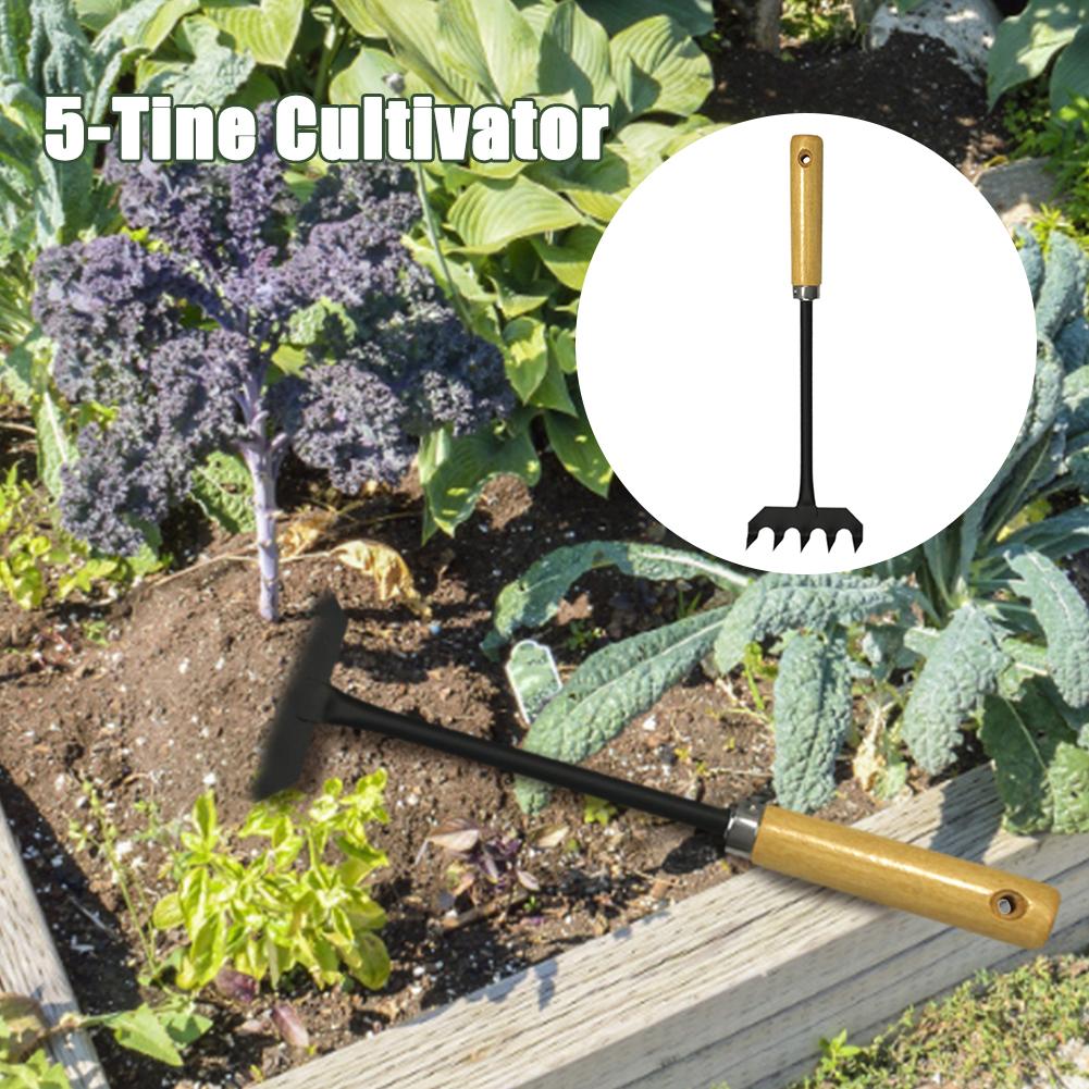 Durable 5-Tine Cultivator Garden Hand Rake With Wood Handle Mini Gardening Tool For Planting Flower