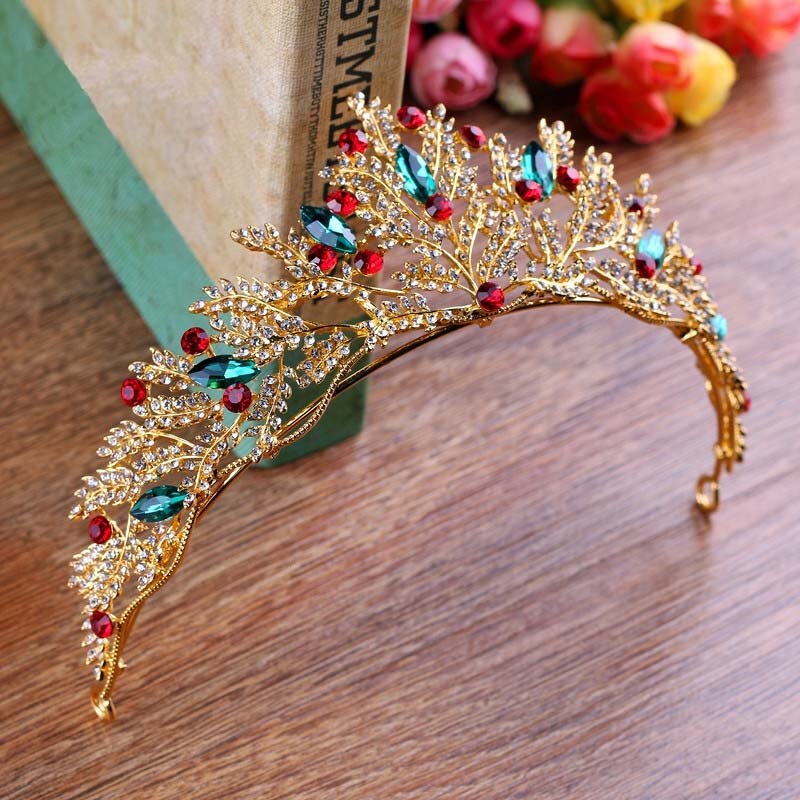 Princess Gold Tiara wedding Crown For bridal flower Headdress Headpiece Colorful Tiara Crystal Hair Jewelry T-712