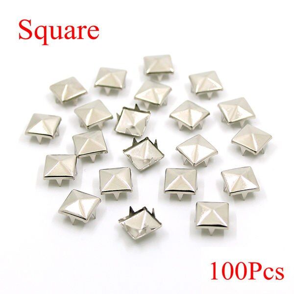 100 st 4 klonitar för kläder runda fyrkantiga metalldubbar och spikar pyramidnitar för lädernitar gör-det-själv-skor punktillbehör: Sliver kvadrat / 8mm