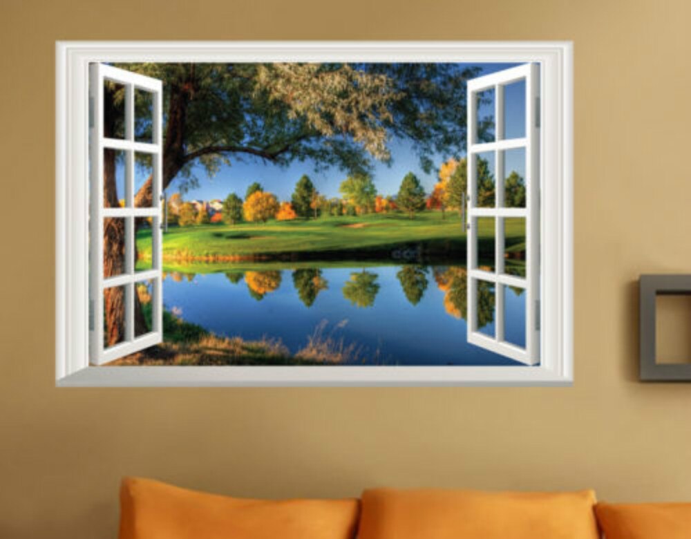 3d vindues natur tema sø landskab vandudsigt wallsticker vinyl mærkat gør-det-selv værelsesindretning 40 x 60cm