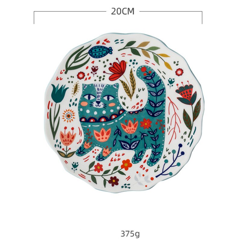8inch Hand-painted Cat Dinner Plate Under-glazed Ceramic Dish Dessert Tray Flower Kitten Microwave Dinnerware YHJ021201: C