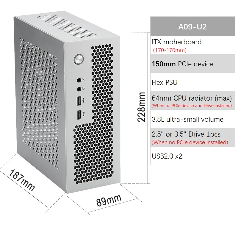 A09 3.8L ITX Chasis A4 HTPC Computadora portátil PC Soporte PCIe 2.5' SSD Drive Mini IPC Flex PSU Case: Blanco