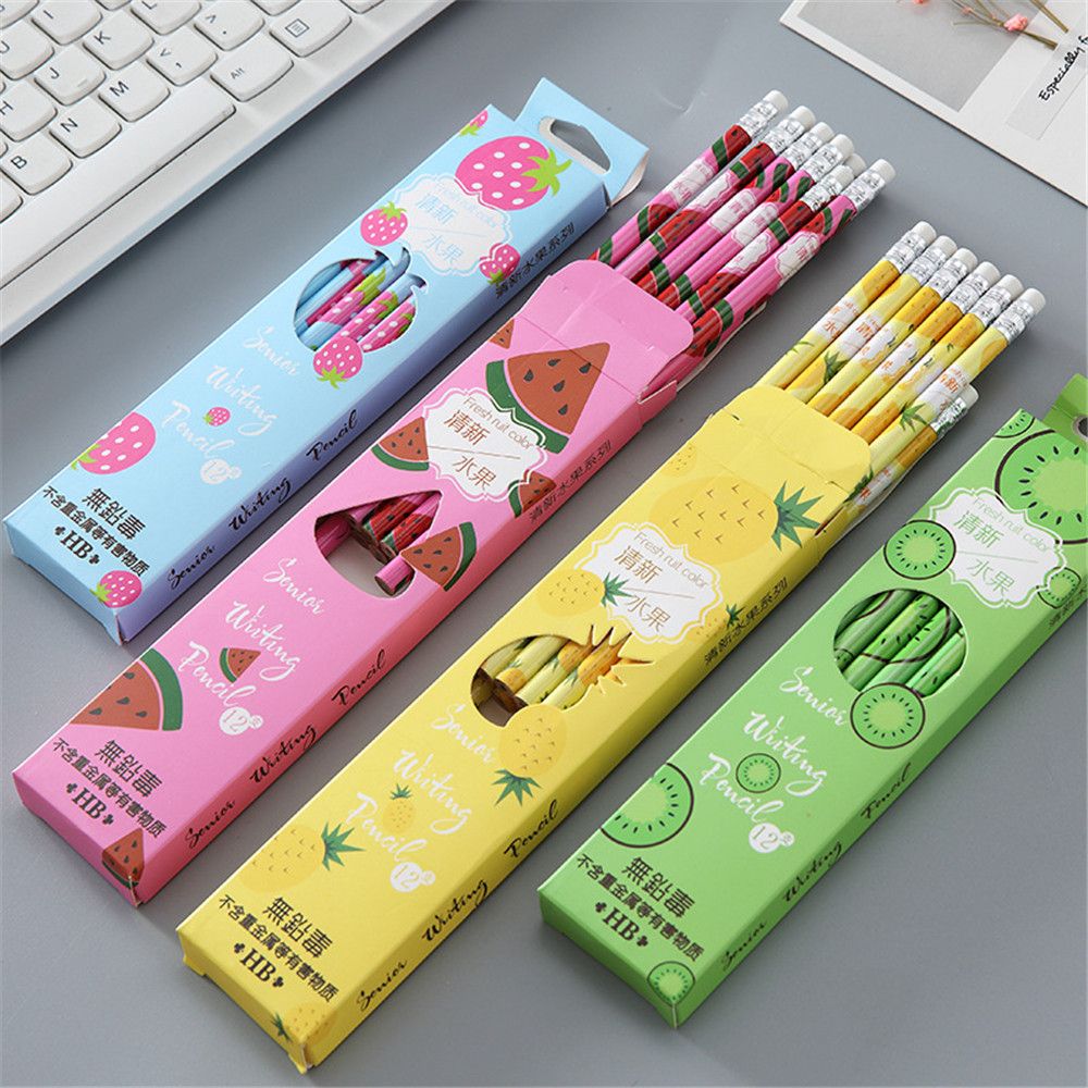 12 Stks/pak Verse Fruit Watermeloen Aardbei Potloden Met Gum Hb Zwart Lood Hout Standaard Potloden Set School Stationery