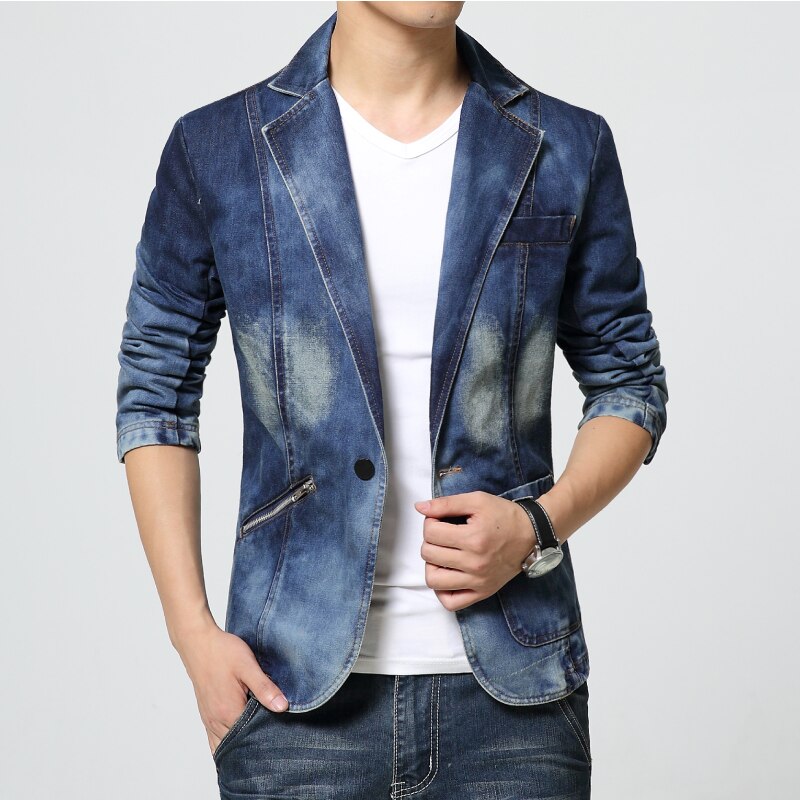 Denim blazer men slim fit Cowboy male coats Single buckle Leisure suit jacket Man casual coat Spring Autumn Clothing: Asia M 50 to 54kg