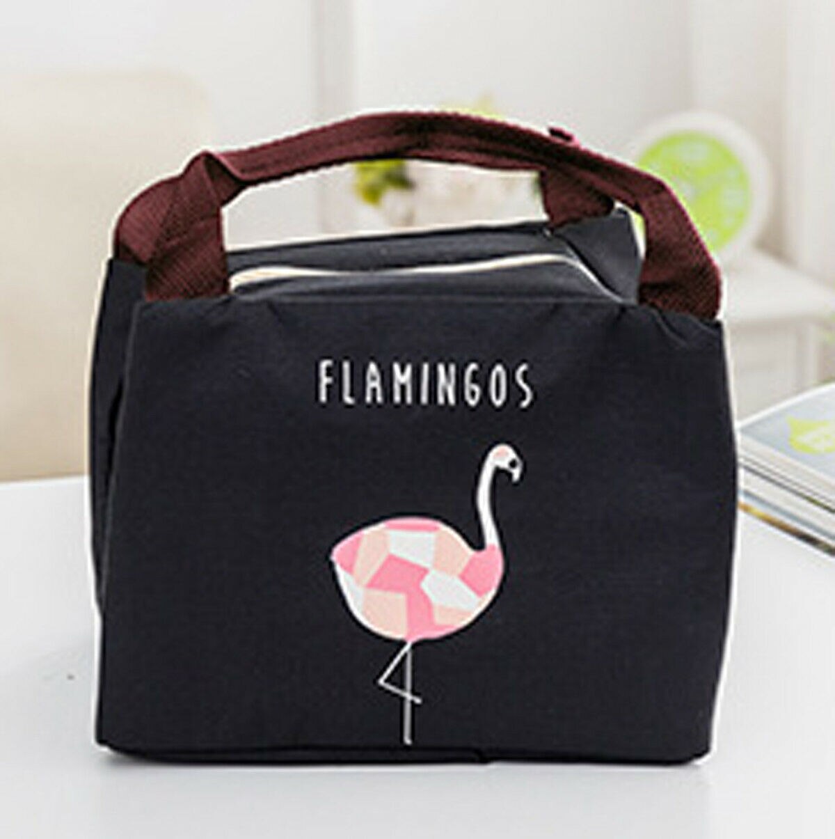 Søt flamingo mønster matpose bærbar isolert vanntett oxford picnic bag termisk mat veske: Svart