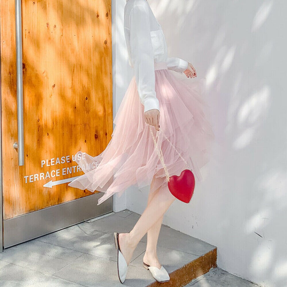 Vrouwen Tule Rok Elastische Hoge Taille Onderrok Ballet Onregelmatige Geplooide Maxi Rok Sheer Tutu Tule Rokken: Roze