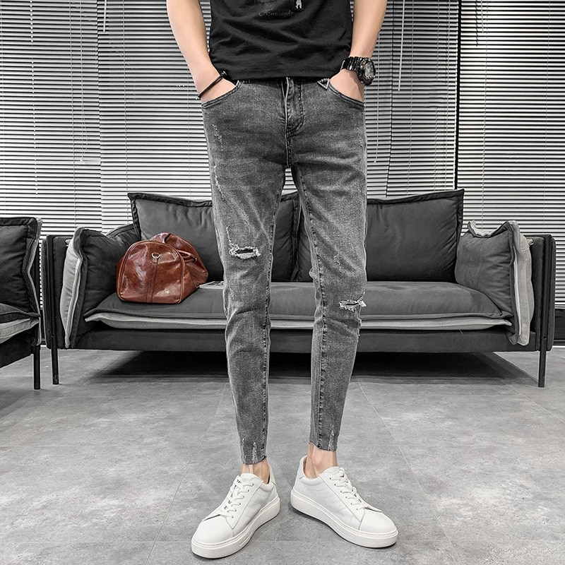 Sommer ripped jeans mænd slim fit tynde jeans til mænd koreanske simple streetwear hul herre jeans bukser 34