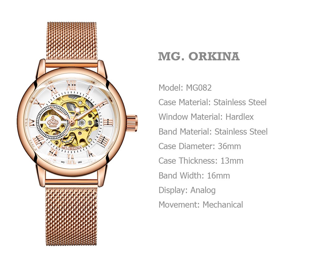 ORKINA Mechanische Frauen Armbinde Uhr Skelett Automatische Armbanduhr Gittergewebe Edelstahl Band Weibliche Uhr schick Reloj Mujer
