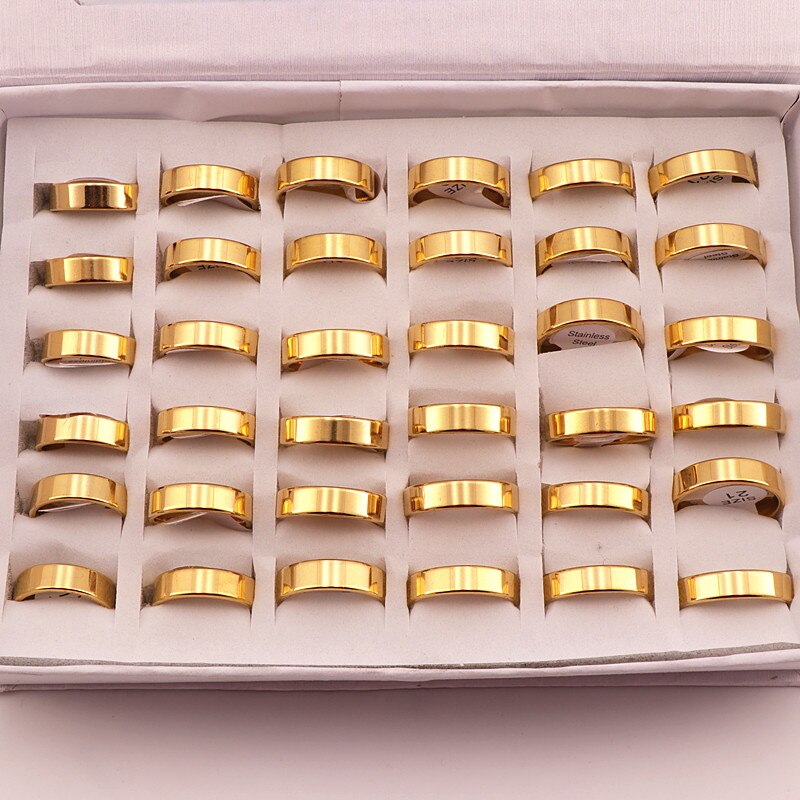 Anillos clásicos de acero inoxidable para hombre y mujer, anillo de boda de tres colores con espejo pulido en el interior, 50 Uds.: Gold 6mm