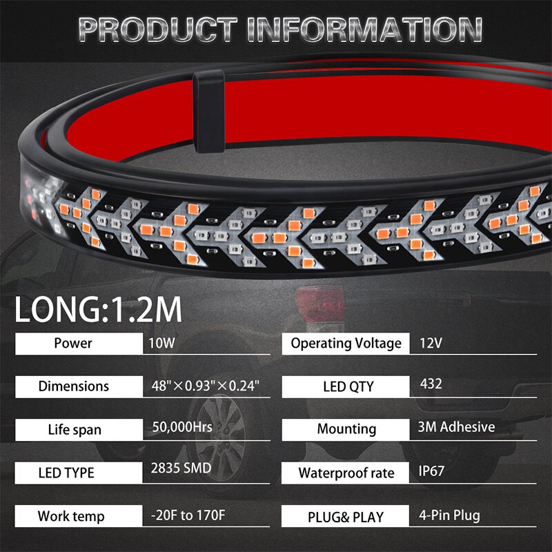 48inch Truck Tailgate LED Strip Light Bar high low beam Triple-row With Reverse Brake Turn Signal For Pickup SUV trailer VAN