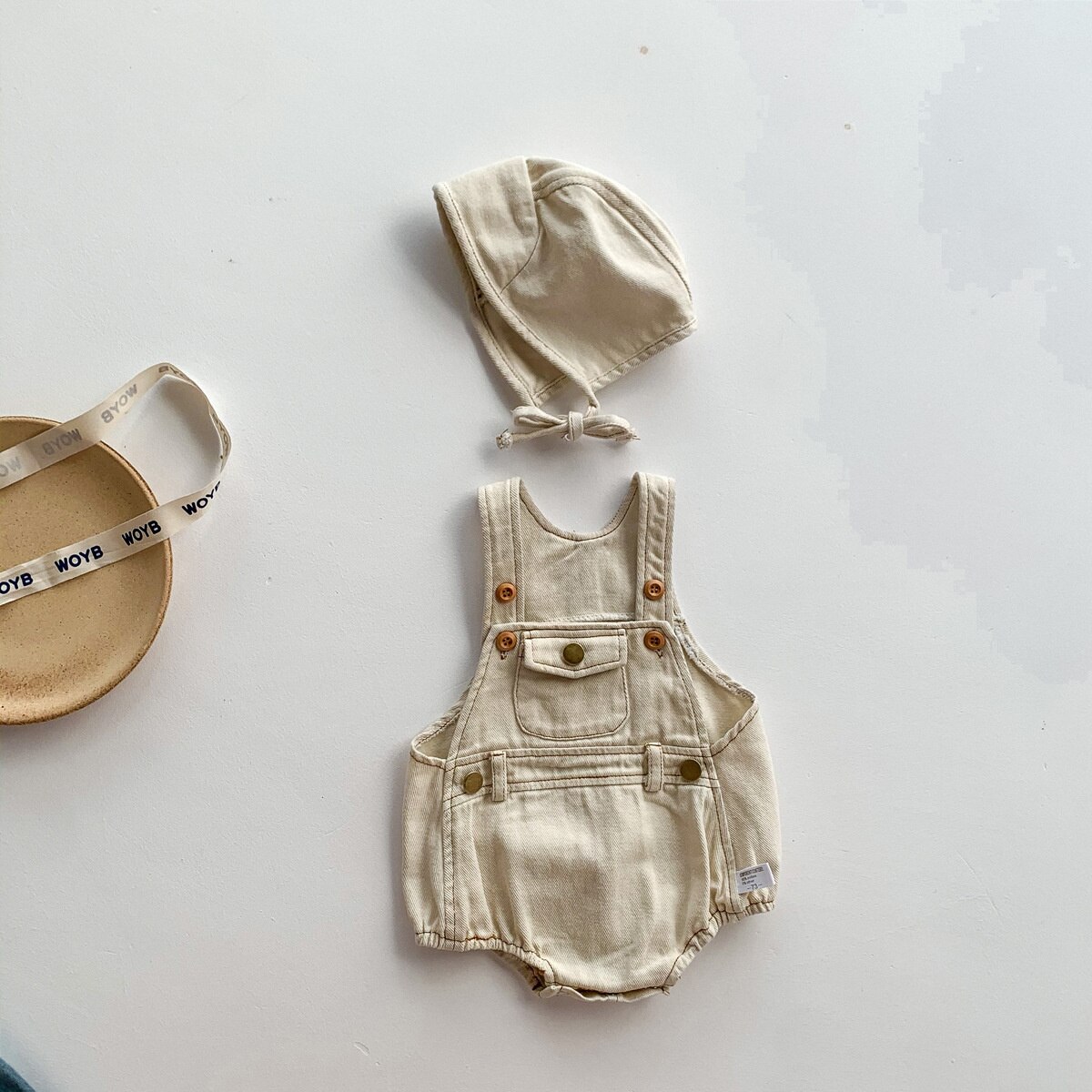 2 Stks/set Baby Foto Kostuum Pasgeboren Haak Knit Overall Bib Broek Hoed Kleding Pak Meisjes Jongens Fotografie Props: Beige / 90cm (12-18M)