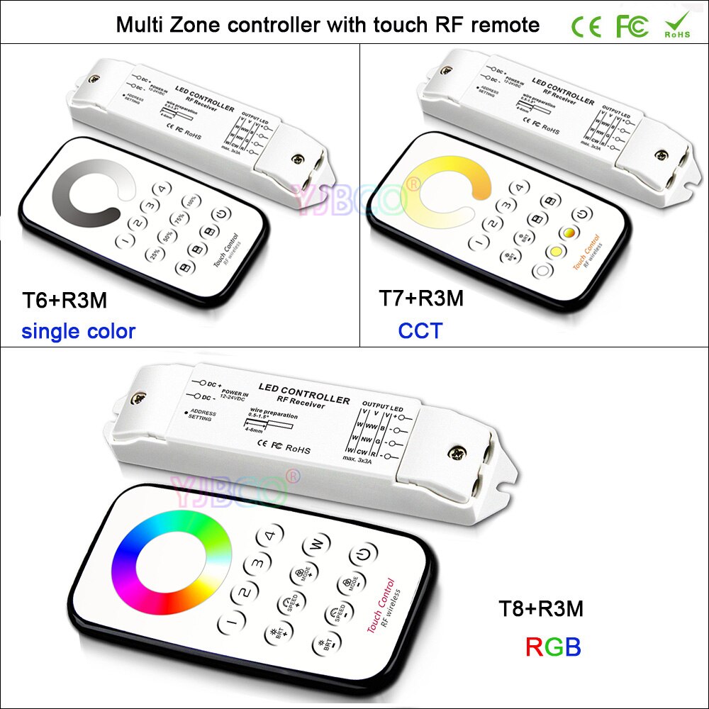 BC Multi Zone control led dimming/CCT/RGB Max 3*3A RF wireless remote + Receiver controller for LED Strip Light,DC12V-24V
