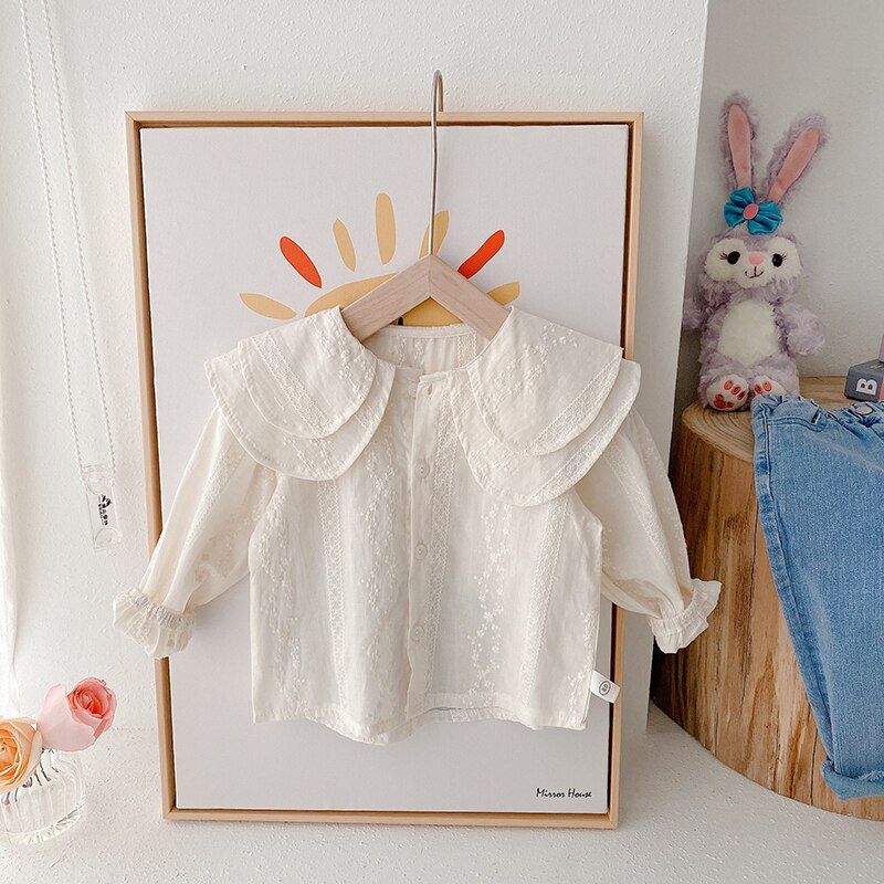 Chemise en coton à manches longues pour fille, chemisier blanc brodé à gros revers, Blouse à volants, chemisier ajouré à fleurs pour enfants: 100-2-3T