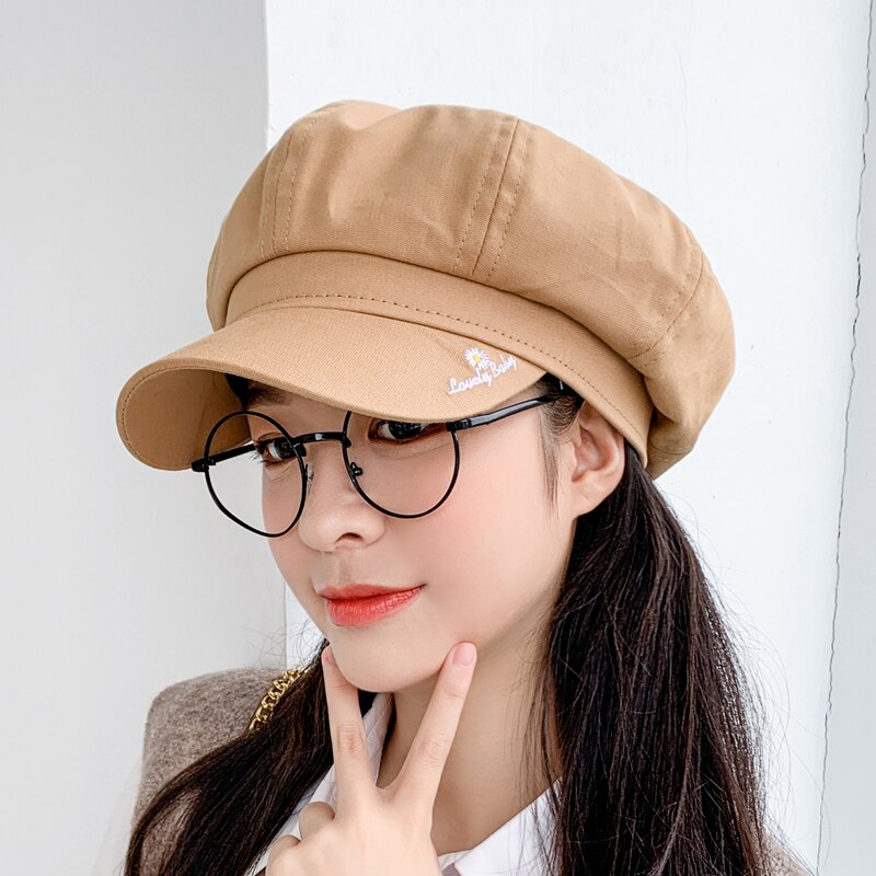Gorra de pintor fácil de combinar de otoño e invierno, sombreros de señora para mujer, boinas de algodón, gorras Bordado de letras, gorra Casual octogonal plana Retro