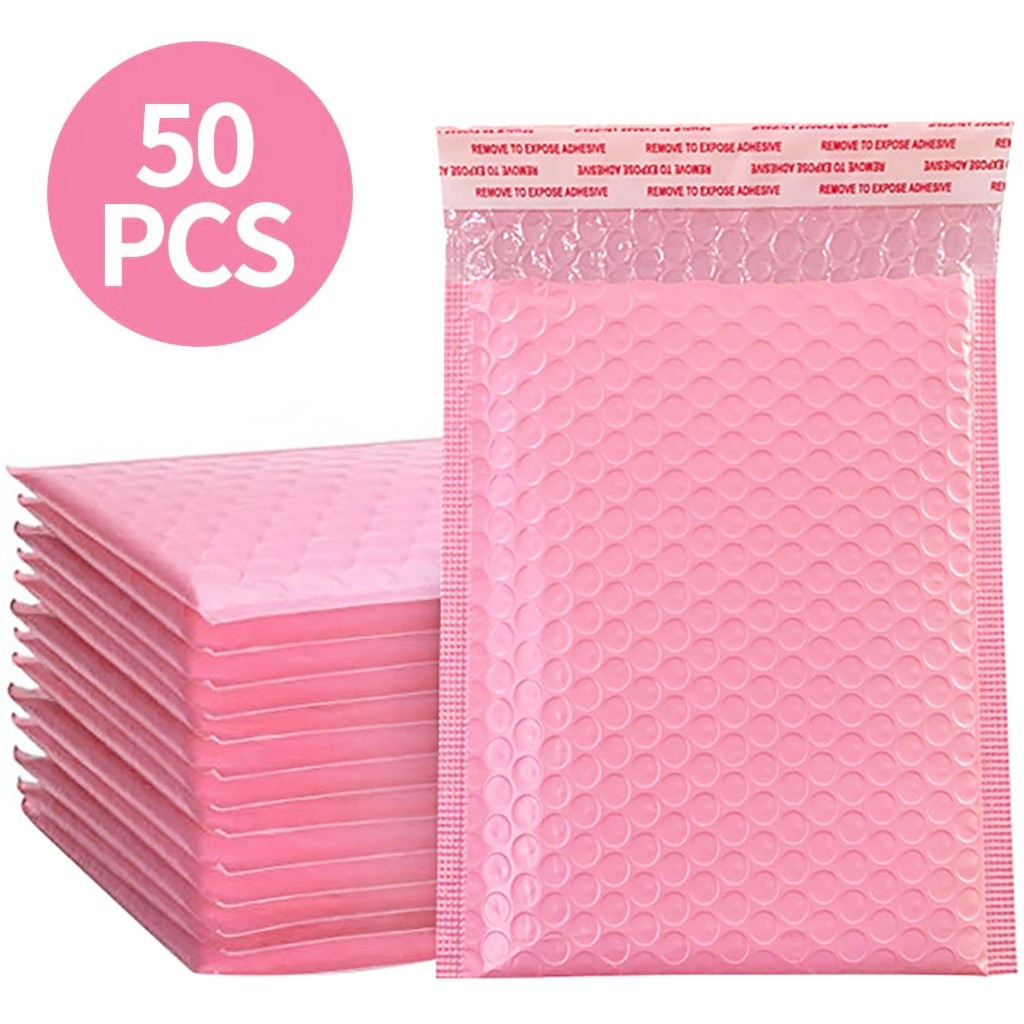 50 stk. 13 x 18cm bubble mailers polstrede konvolutter foret poly mailer selvforsegling sort selvforseglet polstrede konvolutter poser: 50 stk lyserød