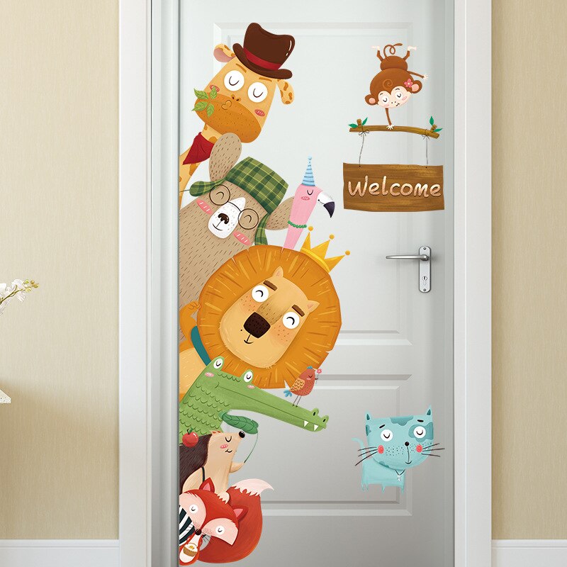 Tofok Cartoon Giraffe Lion Door Sticker Cartoon Zoo Children Room DIY Nursery Wall Decorative Sticker Home Window Fridge Decals
