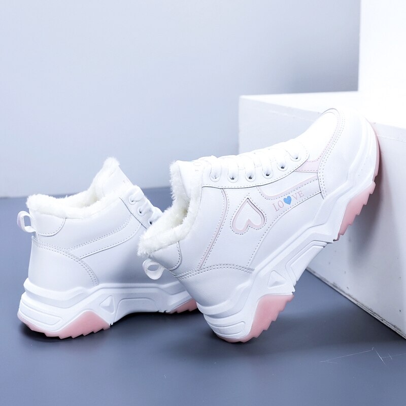 Winter Women High Top Sneakers Love Woman Plush Velvet Warm Casual Shoes Female Platform Sport Shoes Zapatillas Mujer: Pink / 37